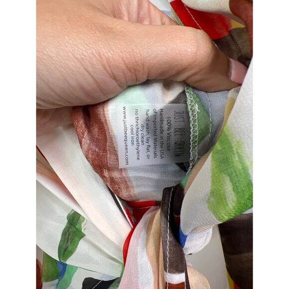 NEW Just Bee Queen Hana Front Tie Half Sleeve White Multicolor Print Cropped Top - Picture 5 of 7